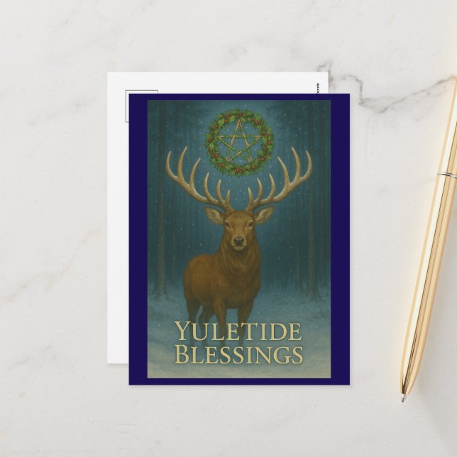 Yuletide Blessings Stag Holiday Postcard (Front/Back In Situ)