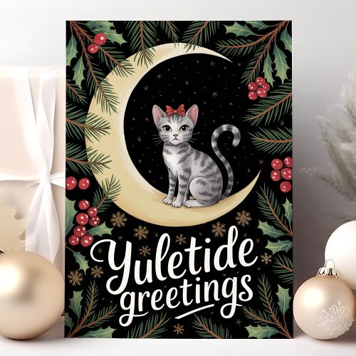 Yuletide Greetings Cat On Moon Christmas Holiday Card