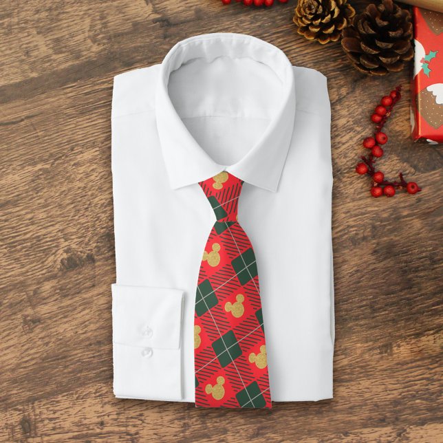 Yuletide Joy | Mickey Christmas Plaid Pattern 2 Neck Tie (Tie on shirt)