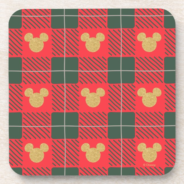 Yuletide Joy | Mickey Christmas Plaid Pattern Beverage Coaster (Front)