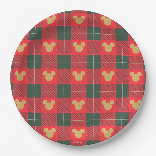 Yuletide Joy | Mickey Christmas Plaid Pattern Paper Plates (Front)