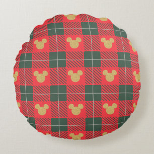 Yuletide Joy Mickey Christmas Plaid Pattern Round Pillow