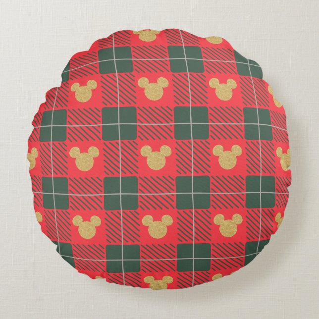 Yuletide Joy | Mickey Christmas Plaid Pattern Round Pillow (Front)