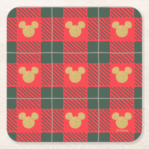 Yuletide Joy   Mickey Christmas Plaid Pattern Square Paper Coaster