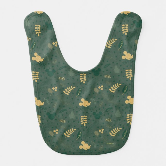 Yuletide Joy | Mickey Green & Gold Holiday Pattern Baby Bib (Front)