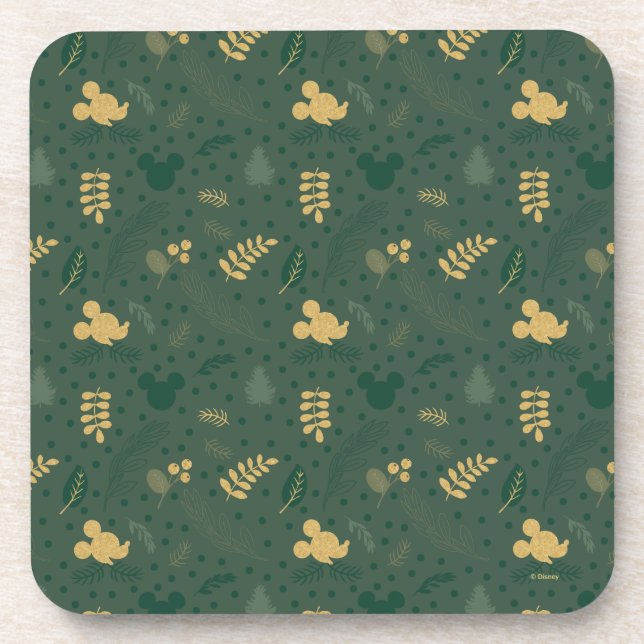 Yuletide Joy | Mickey Green & Gold Holiday Pattern Beverage Coaster (Front)