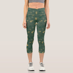 Yuletide Joy   Mickey Green & Gold Holiday Pattern Capri Leggings