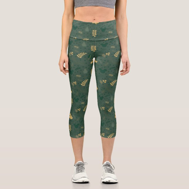 Yuletide Joy | Mickey Green & Gold Holiday Pattern Capri Leggings (Front)