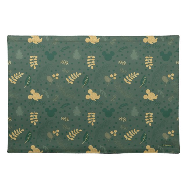 Yuletide Joy | Mickey Green & Gold Holiday Pattern Cloth Placemat (Front)