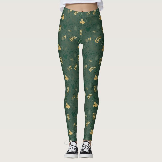 Yuletide Joy | Mickey Green & Gold Holiday Pattern Leggings (Front)