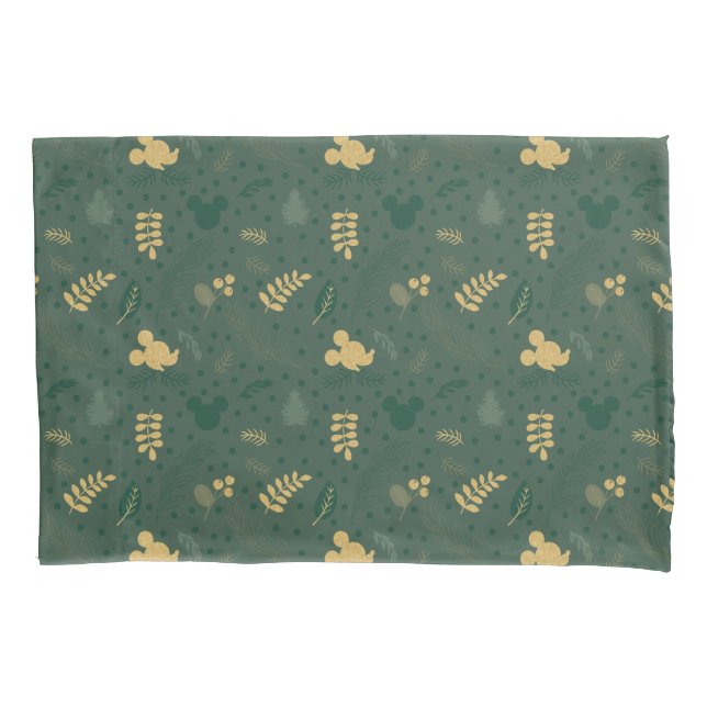 Yuletide Joy | Mickey Green & Gold Holiday Pattern Pillow Case (Front)