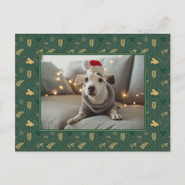 Yuletide Joy | Mickey Green & Gold Holiday Pattern Postcard (Front)