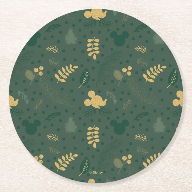 Yuletide Joy | Mickey Green & Gold Holiday Pattern Round Paper Coaster (Front)