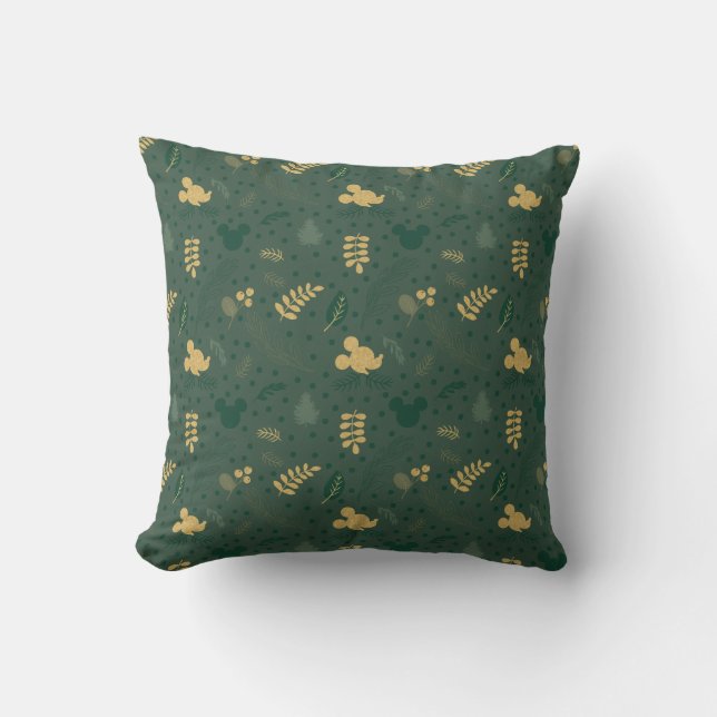 Yuletide Joy | Mickey Green & Gold Holiday Pattern Throw Pillow (Front)