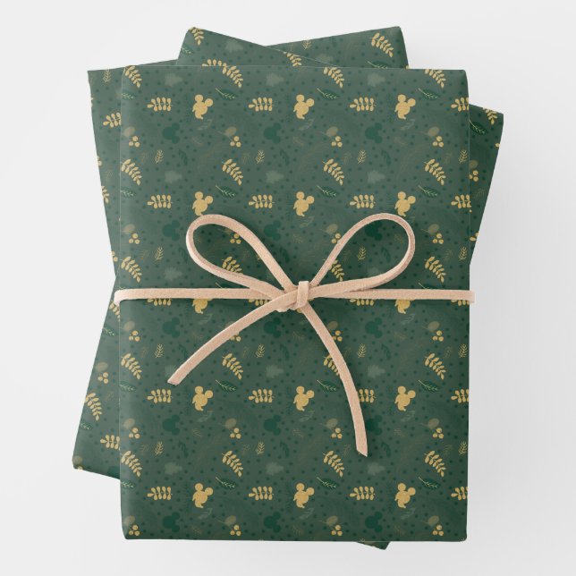 Yuletide Joy | Mickey Green & Gold Holiday Pattern Wrapping Paper Sheets (In situ)