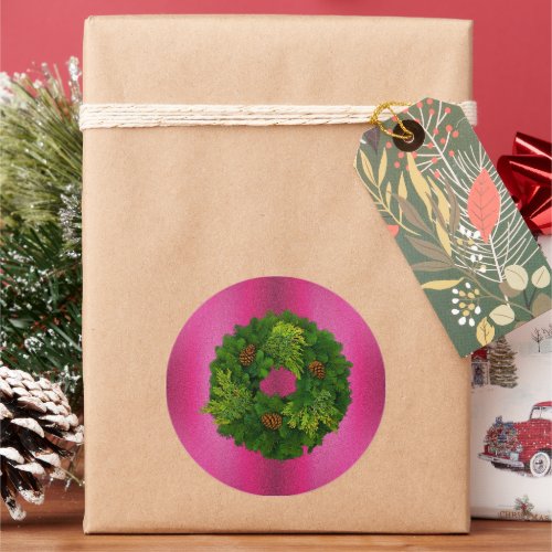Yuletide Pine Wreath on Pink Christmas Classic Round Sticker