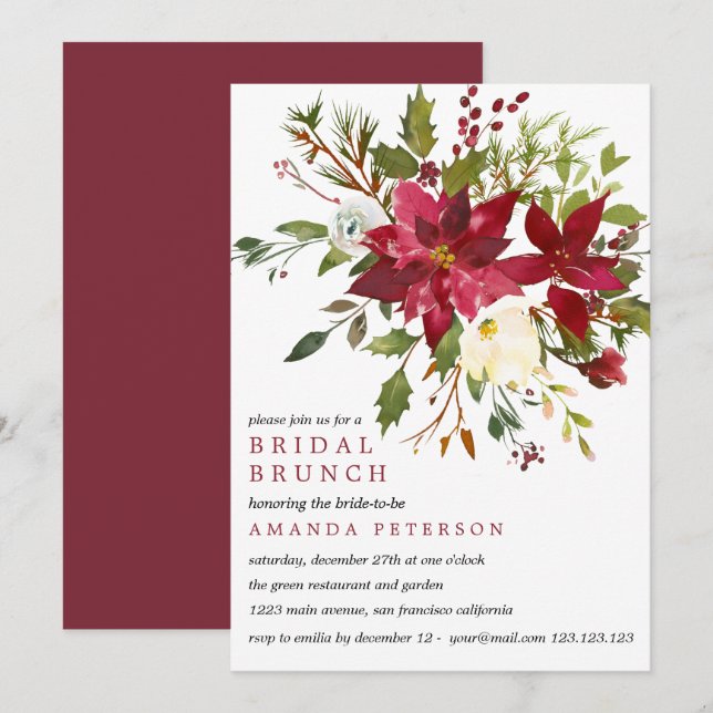 Yuletide|  PoinsettiaBouquet Wedding Bridal Brunch Invitation (Front/Back)