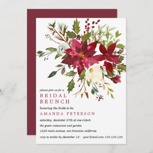 Yuletide  PoinsettiaBouquet Wedding Bridal Brunch Invitation