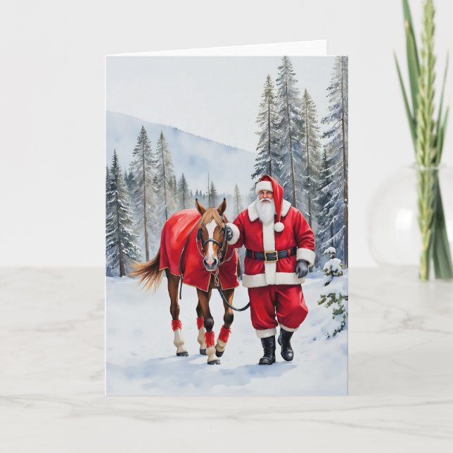 Yuletide Ride Watercolor Santa Western Christmas Card (Front)