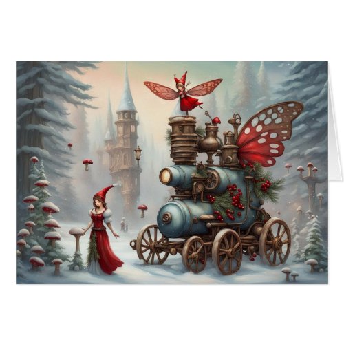 Yuletide Steampunk Engine Greeting Holiday Card