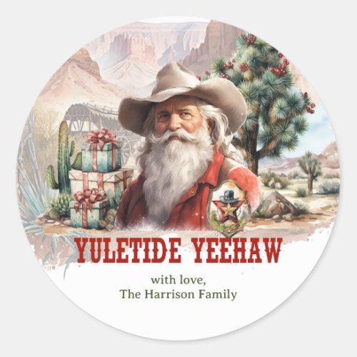 Yuletide Yeehaw Western style Santa cowboy Classic Round Sticker