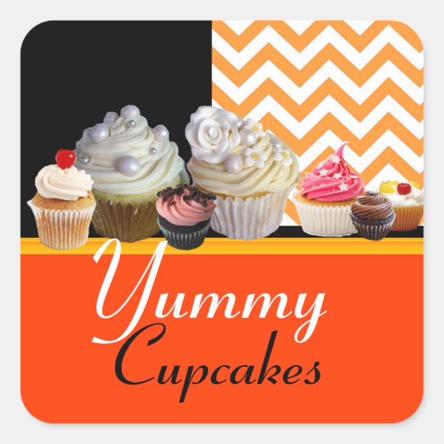 YUMMY BIRTHDAY CUPCAKES / ORANGE WHITE CHEVRON SQUARE STICKER (Front)