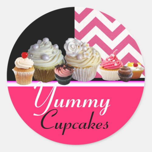 YUMMY BIRTHDAY CUPCAKES  PINK WHITE CHEVRON ROUND CLASSIC ROUND STICKER