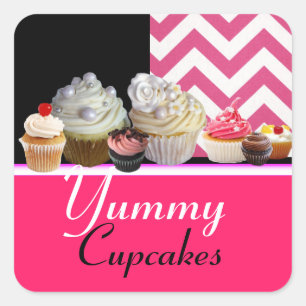 YUMMY BIRTHDAY CUPCAKES / PINK WHITE CHEVRON SQUARE STICKER