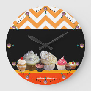 YUMMY COLORFUL CUPCAKES DESERT SHOP Orange Chevron Large Clock