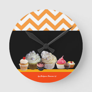 YUMMY COLORFUL CUPCAKES DESERT SHOP Orange Chevron Round Clock