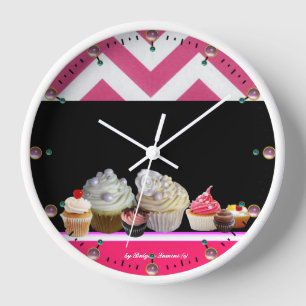 YUMMY COLORFUL CUPCAKES DESERT SHOP Pink Chevron Clock