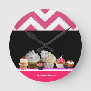 YUMMY COLORFUL CUPCAKES DESERT SHOP Pink Chevron Round Clock