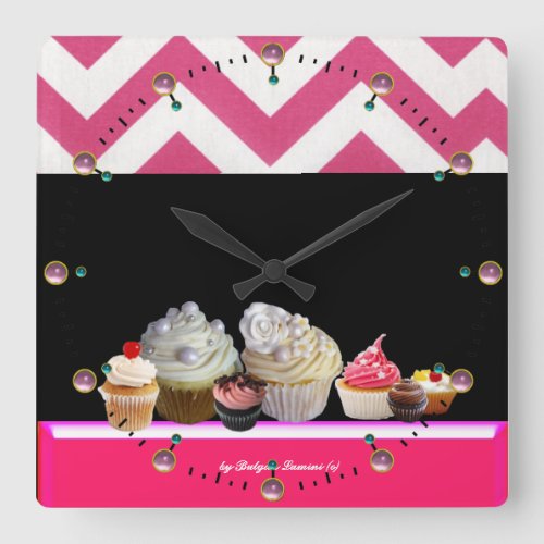 YUMMY COLORFUL CUPCAKES DESERT SHOP Pink Chevron Square Wall Clock