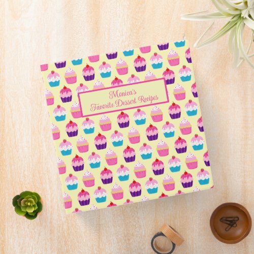 Yummy Colorful Cupcakes Pattern on Yellow 3 Ring Binder