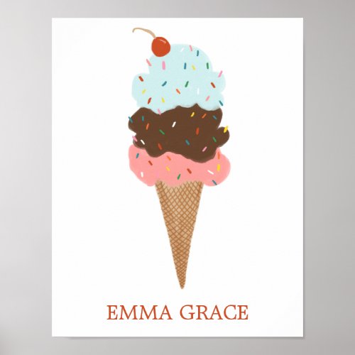 Yummy Colorful Ice Cream Cone Triple Scoop CUSTOM  Poster