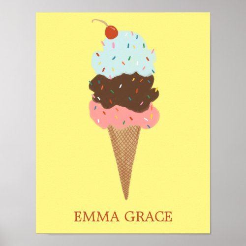 Yummy Colorful Ice Cream Cone Triple Scoop CUSTOM  Poster