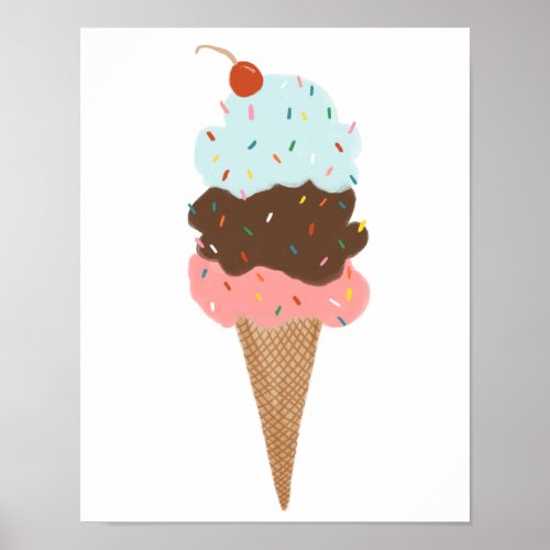 Yummy Colorful Ice Cream Cone Triple Scoop Cute Poster