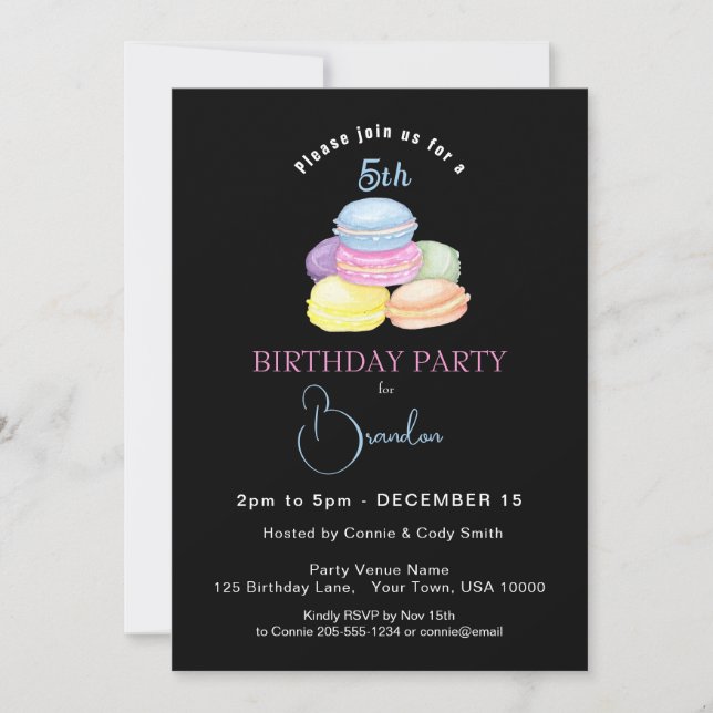 YUMMY COLORFUL MACAROONS, BIRTHDAY PARTY INVITATION (Front)