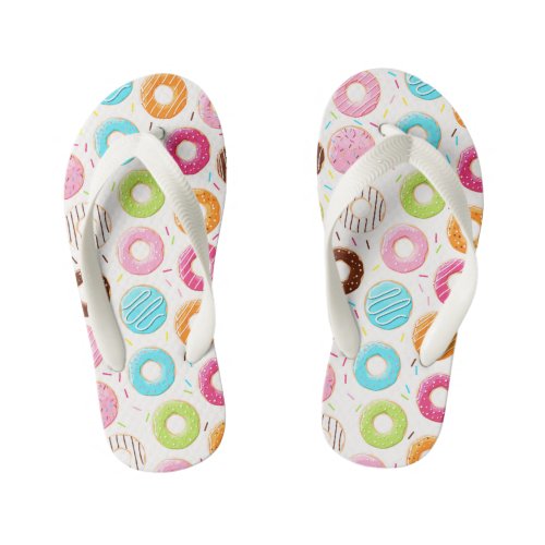 Yummy colorful sprinkles donuts toppings pattern kids flip flops