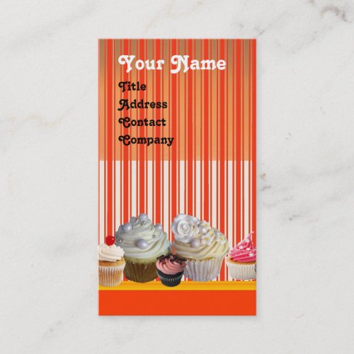 YUMMY CUPCAKE DESERT SHOP ORANGE RED WHITE STRIPES BUSINESS CARD