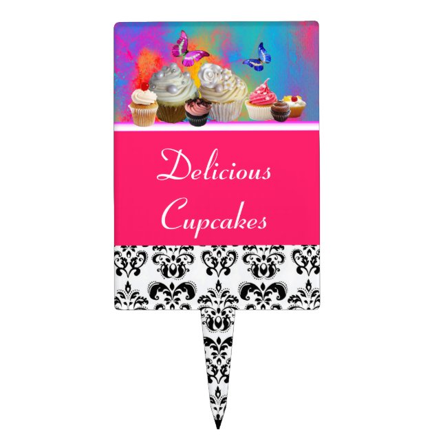 YUMMY CUPCAKES AND BUTTERFLIES ,Pink Black Damask Cake Topper (Front)