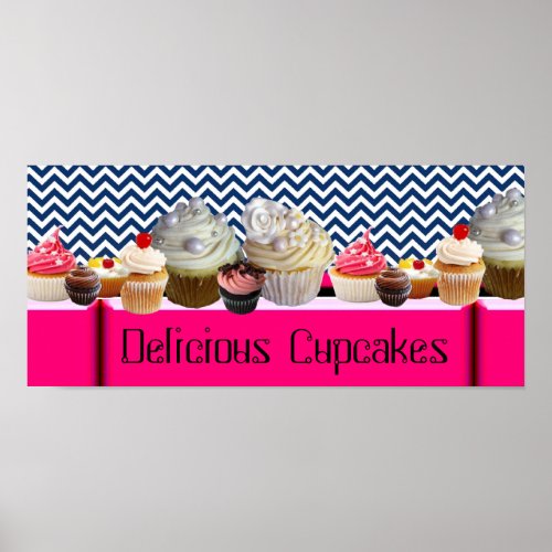 YUMMY CUPCAKES DESERT SHOP BLUE WHITE CHEVRON POSTER