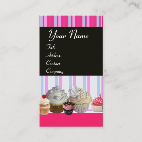 YUMMY CUPCAKES DESERT SHOP BLUE WHITE PINK STRIPES BUSINESS CARD