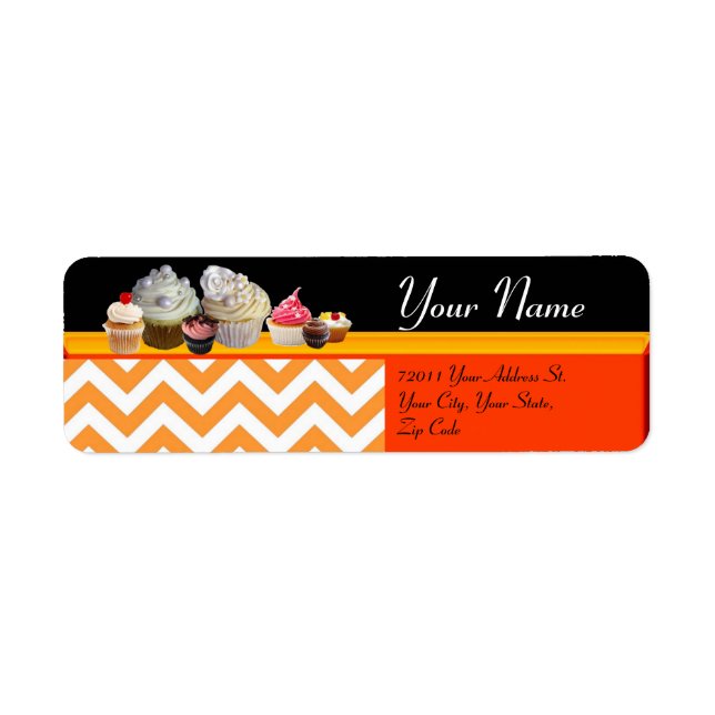 YUMMY CUPCAKES DESERT SHOP,Orange White Chevron Label (Front)