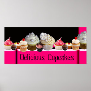 YUMMY CUPCAKES DESERT SHOP/ PINK BLACK WHITE POSTER