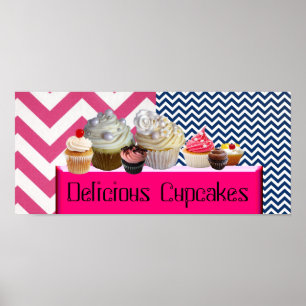 YUMMY CUPCAKES DESERT SHOP/PINK BLUE WHITE CHEVRON POSTER