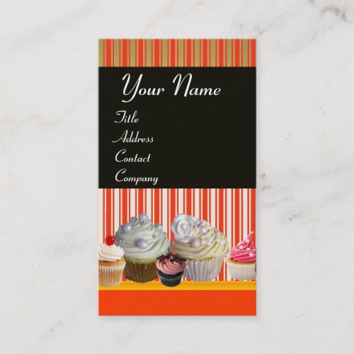 YUMMY CUPCAKES DESERT SHOP WHITE RED STRIPES BUSINESS CARD