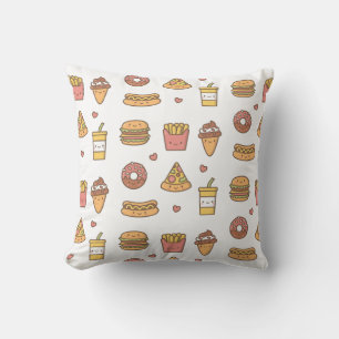 Yummy Cute Fast Food Doodles Pattern Throw Pillow