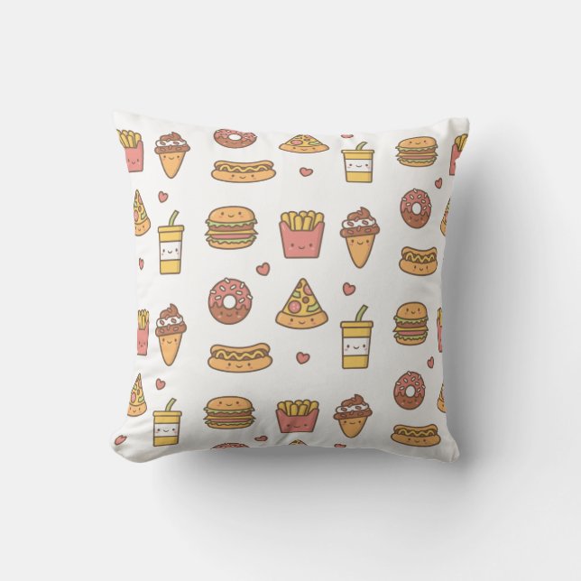 Yummy Cute Fast Food Doodles Pattern Throw Pillow (Front)