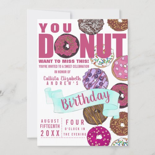 Yummy Cute Pink Teal Donuts Watercolor Birthday Invitation
